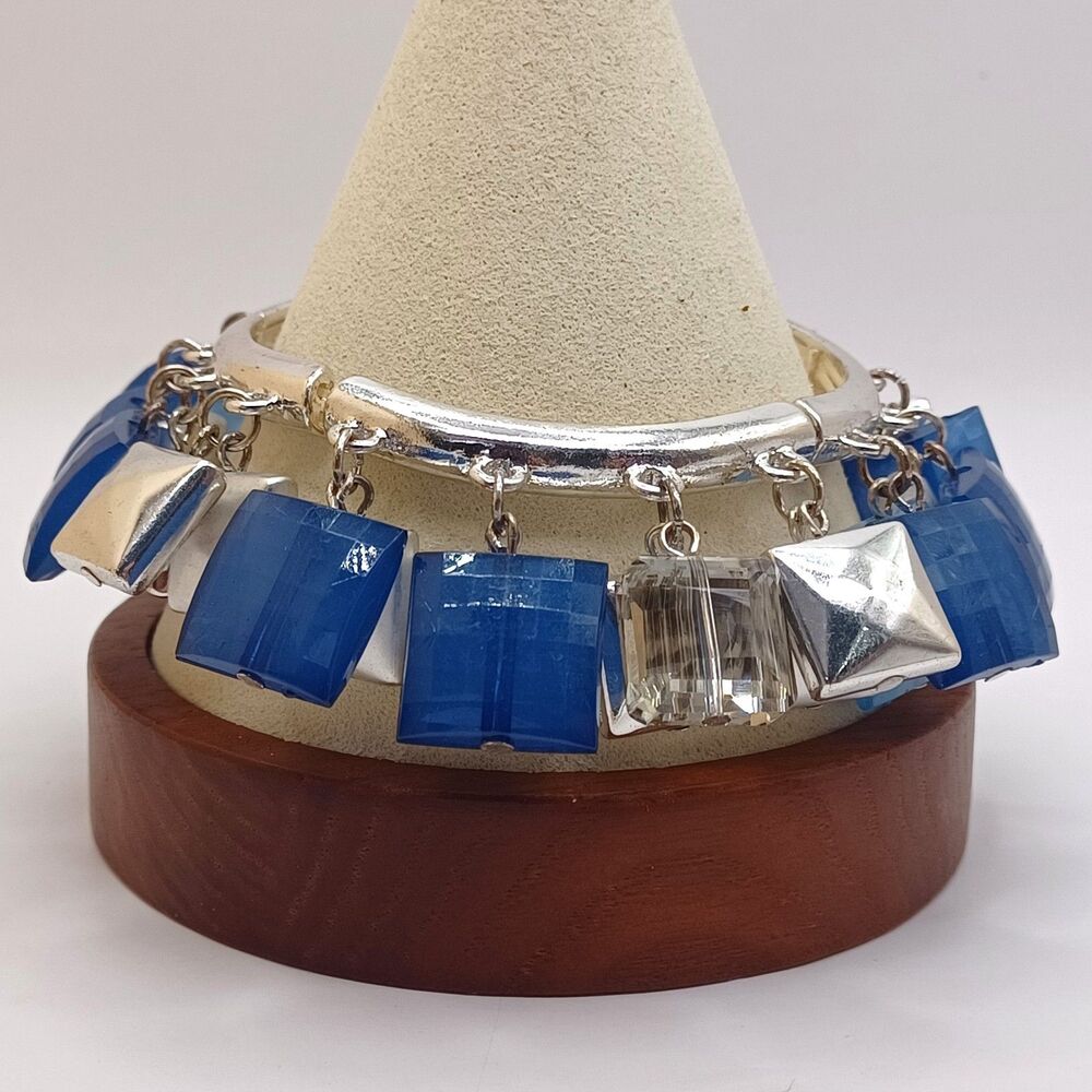 Vintage Charter Club Silver Tone, Smokey and Blue Glass Charms Stretch Bracelet